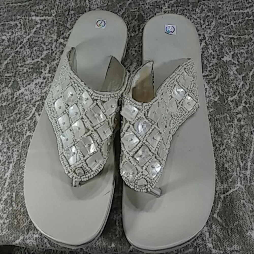 Cream Shell and Beaded Flip Flops